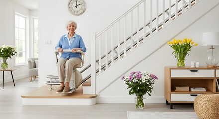 Smiling senior woman using modern stair lift in bright home interior, symbolizing elderly independence, accessibility, mobility support, and safe living solutions
