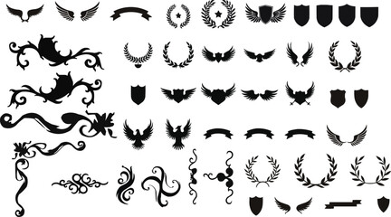 Fototapeta premium Ornamental Flourishes Laurel Wreaths Shields Wings and Banner Vector Set