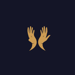 A minimalist logo design features two stylized hands in a symmetrical arrangement, representing unity and support on a dark background.