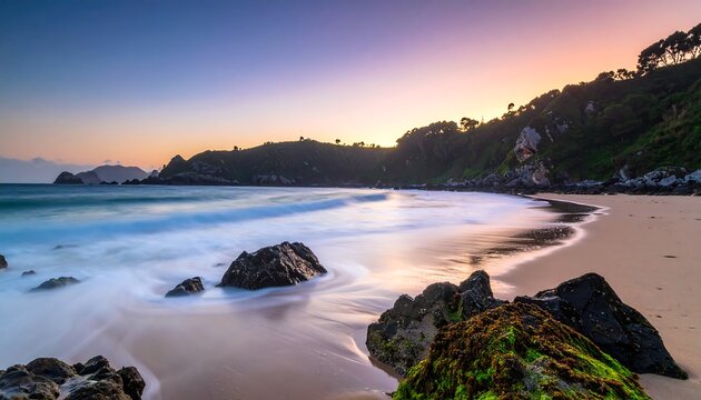 Coastal scene at dusk. Long exposure creates blurred waves across a sandy beach, with rocky outcrops and a hill. Gentle color palette