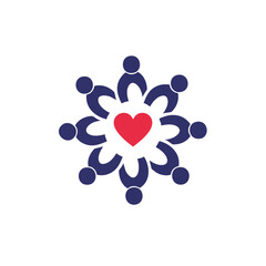 A graphic illustration depicts a group of people united around a central heart symbol, representing community and care.