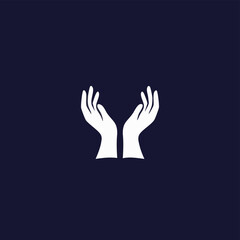 A minimalist illustration of two open hands, symbolizing support, care, and giving on a dark blue background, perfect for various concepts.