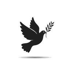 Obraz premium A silhouette of a dove carrying an olive branch symbolizes peace, hope, and international harmony against a clean, white background.