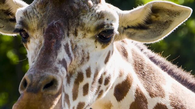 Close up view of a giraffe head opening and closing his mouth on sunny summer day