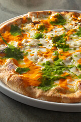 A view of a contemporary Margherita pizza.