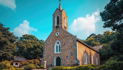 Stone church, cross atop, amidst trees under blue sky