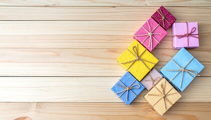 Colorful Gift Boxes on a Wooden Background Holiday Presents
