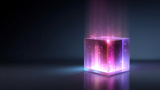 Shimmering Transparent Cube with Colorful Light Rays Emitting in a Dark Space Background