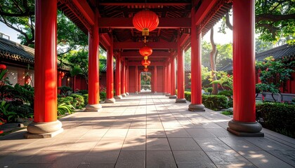 Asian Red Pavilion with Hanging Lanterns and Greenery in Outdoor Setting