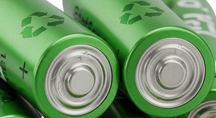 Close up of green aa batteries stacked together ready for use isolated on transparent background