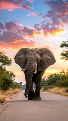 Fototapeta premium Majestic elephant on a road at sunset