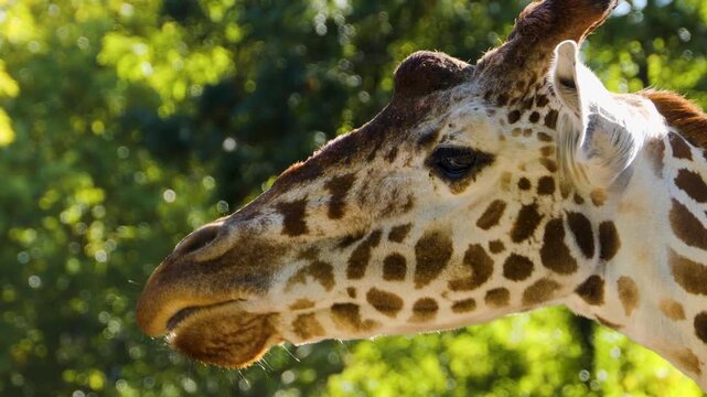 Close up view of a giraffe head opening and closing his mouth on sunny summer day