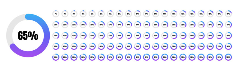 Infographic set of purple pie charts representing data segments from 0% to 100%. Modern flat elements for statistics, analytics, loading progress indicators, dashboards, websites.