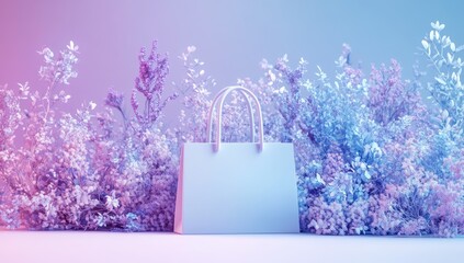 Pink-blue lit gift bag among dense flowery shrubs