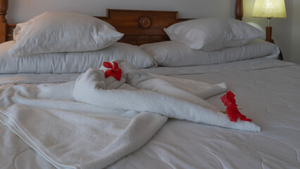 Romantic bed preparation for bedtime. On the white sheets, towels are folded in the shape of a heart and decorated with bright red hibiscus flowers. Pillows at the headboard. The bedside lamp is lit.