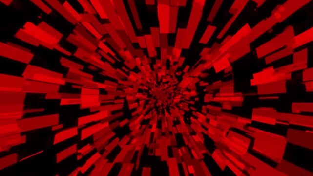 A dynamic 3D animation featuring red rectangular blocks flying toward the camera in a tunnel-like perspective. This energetic background is perfect for high-speed technology themes or action-packed vi