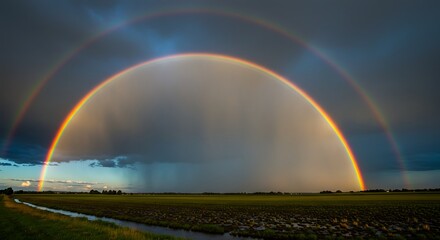 Double rainbow arc over a field landscape against a cloudy sky after rain