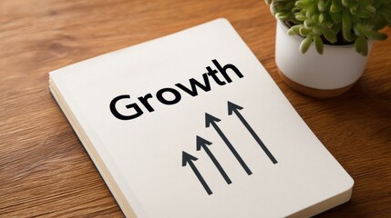 Growth Concept Notebook with Arrows Illustrating Progress and Positive Development on Wooden Table
