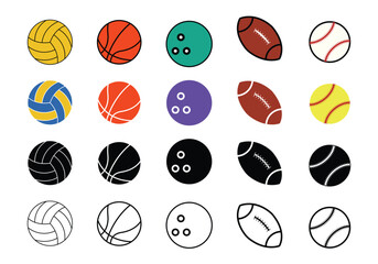 volleyball basketball bowling ball american football baseball set collection pack bundle black shape icon silhouette vector flat illustration design on white background