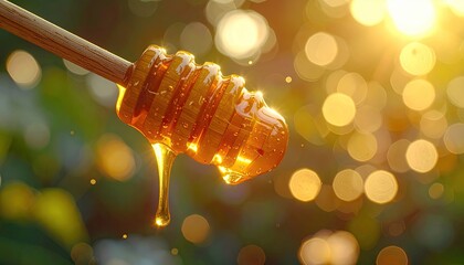 Golden Honey Dripping from Wooden Dipper in Sunlit Bokeh Background Sweet Natural Food Close Up