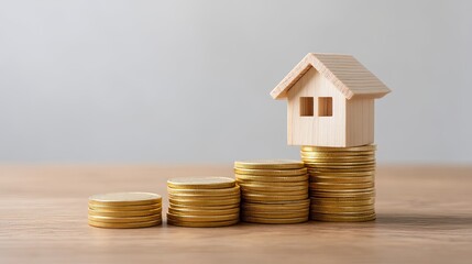 Wooden House Model on Stacked Coins Symbolizing Real Estate Investment and Financial Growth in a Minimalist Setting