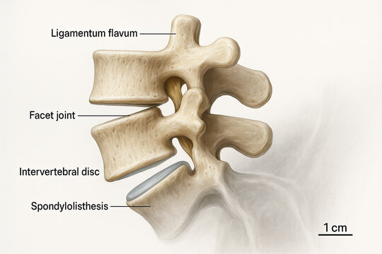 Anatomical illustration of lumbar spine showing spondylolisthesis, facet joint, and intervertebral disc