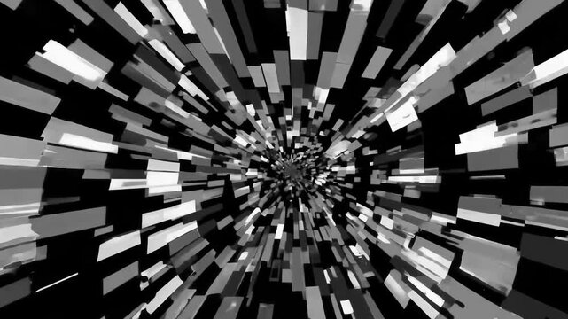 Monochromatic rectangular blocks accelerate through an endless tunnel in a dramatic black-and-white design, ideal for intense transitions, data flow visuals, cyberpunk aesthetics, or abstract speed ef