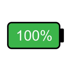 100 percent full battery level indicator vector icon. Green charge status symbol for technology, mobile apps, and device interface graphics