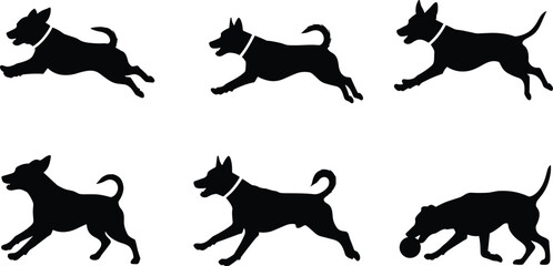 Dog silhouette running, jumping, playing, retrieving ball, black pet icon, dynamic motion pose, cad drawing flat vector illustration