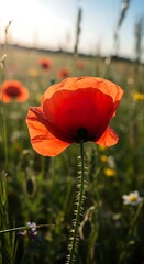 Obraz premium Vibrant red poppy blossom bathed in golden light in a dreamy meadowscape