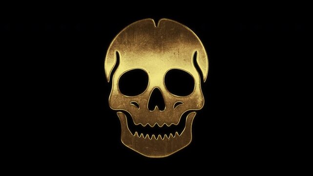 Skull with slightly reflected outlines on a gold foil-like surface, loop, alpha channel

