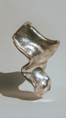 A fluid metallic sculpture with smooth curves and an abstract design, reflecting light and casting soft shadows on a minimalistic background