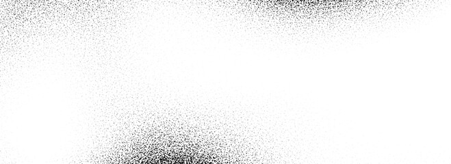 Black dotted grain gradient texture. Stippled sandy grit overlay. Grunge sprayed noise background. Rough distressed dotwork backdrop with dust, particles, speckles. Vector subtle speck wallpaper