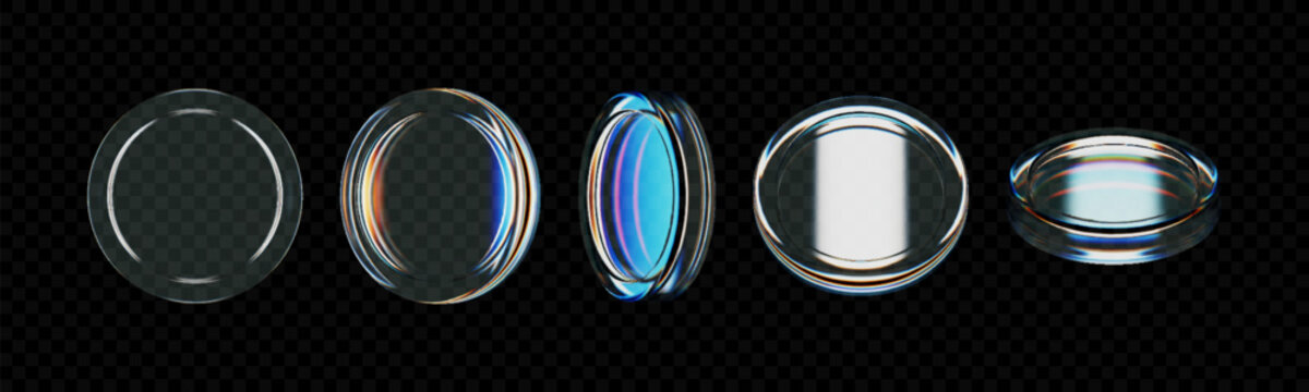 3D glass coins with holographic shine, floating in the air. Colorful token design for game rewards, casino chips, digital currency or prize medals, isolated on dark background.