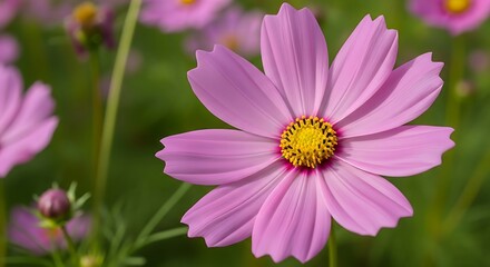 Obraz premium Radiant Cosmos Blossom Unveiling Delicate Pink Petals in Summer Garden