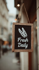 A cozy bakery sign hangs invitingly, featuring hand-drawn bread illustrations with the text \"fresh daily,\" set against a blurred street background