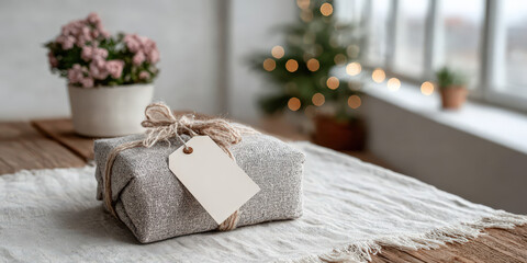 A beautifully wrapped christmas gift with a blank tag sits on a wooden table, with a plant and a softly lit tree in the background creating a cozy atmosphere