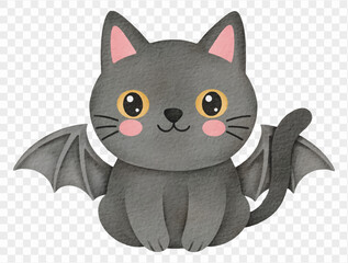 Adorable black cat with bat wings halloween spooky watercolor Vector.