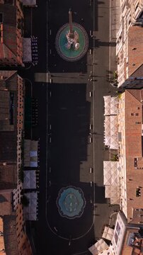 Aerial drone footage captures the stunning charm of Piazza Navona, a historic site in Rome, famous for its art, sculptures, and architecture, making it a mustvisit destination in Italy