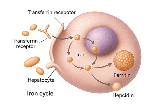 Diagram illustrating the iron cycle within a hepatocyte, showing transferrin receptors, iron transport, ferritin storage, and hepcidin regulation.