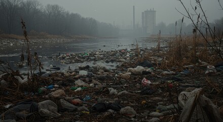 Polluted Riverbank with Industrial Factory in Foggy Background