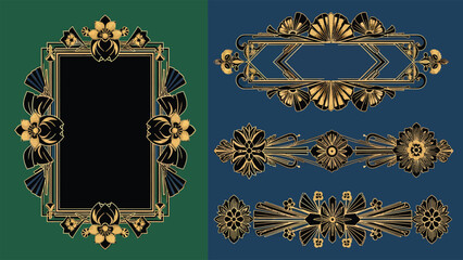Art Deco ornamental frames and dividers in gold and black on a dark green and blue background.