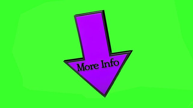 A 3D-styled purple downward-pointing arrow featuring the text "More Info" animates against a green screen background. This is ideal for instructional videos, tutorials, or UI call-to-action elements.
