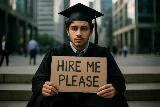 Graduate in Cap and Gown Holding Hire Me Please Sign