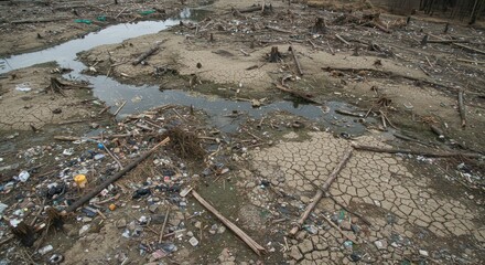 Polluted Riverbed with Debris and Cracked Earth