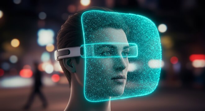 Man wearing futuristic headset overlayed with digital interface against blurred city lights background