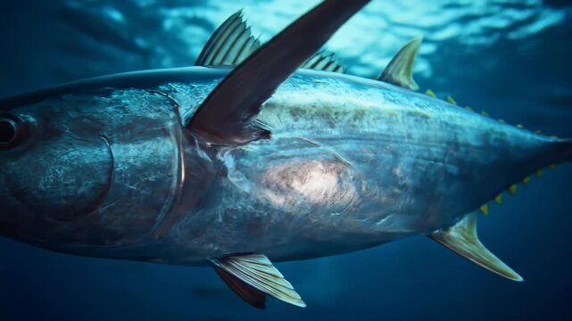 Large tuna swimming underwater showing fins and scales