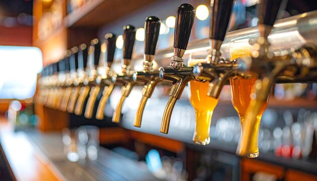 Beer taps in a pub.  Focus on beer - Powered by Adobe