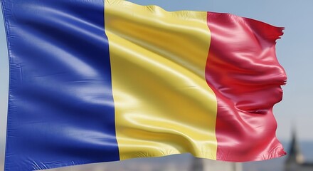 Obraz premium Waving Flag of Romania Against a Blue Sky.
