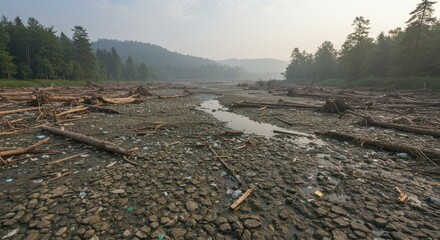 Polluted Riverbed with Debris and Plastic Waste